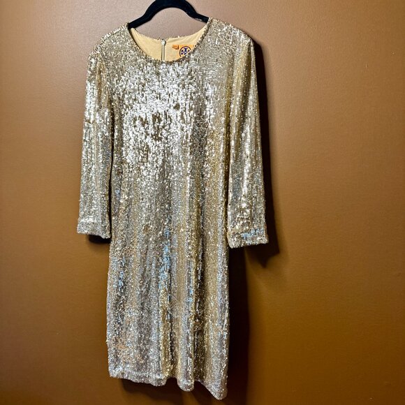 Glamorous Tory Burch Gold Sequin Long-Sleeve Dress – Size Small - Picture 1 of 5